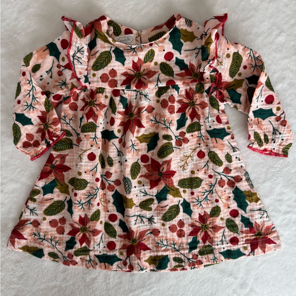 Mud Pie Baby Girl Christmas Holiday Dress Poinsettia Holly & Berries 6-9…